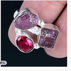 1 inch ring, 3 Pink Tourmaline gemstones , 2 are natural and rough. Size 5 1/2